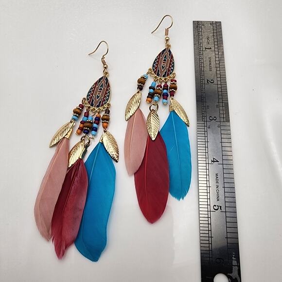 Multicolor Boho Feather Earrings - Picture 4 of 9